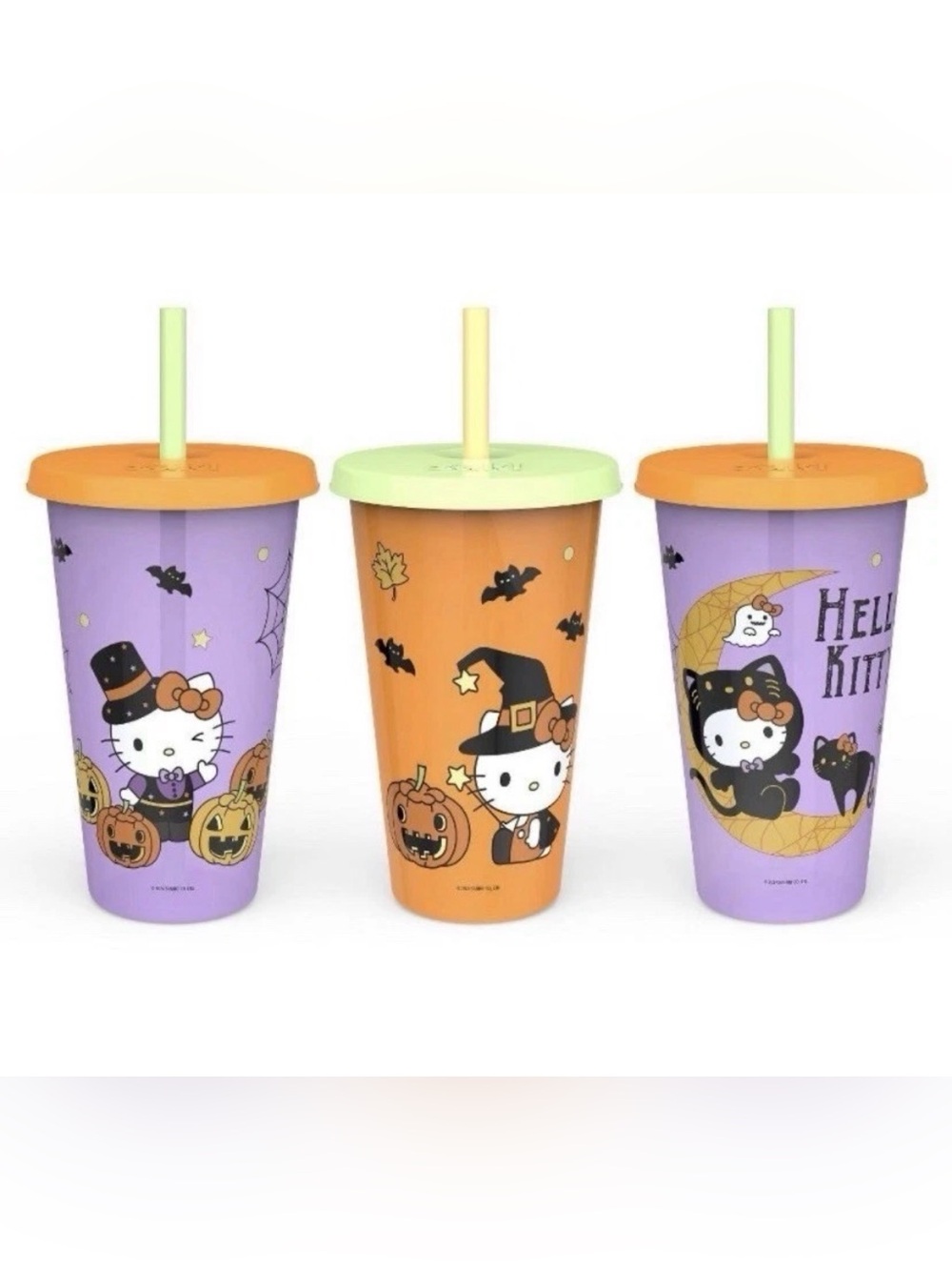 SANRIO ZAK! HALLOWEEN HELLO KITTY COLD CUP TUMBLER SET BLACK CAT WITCH BAT GLOW